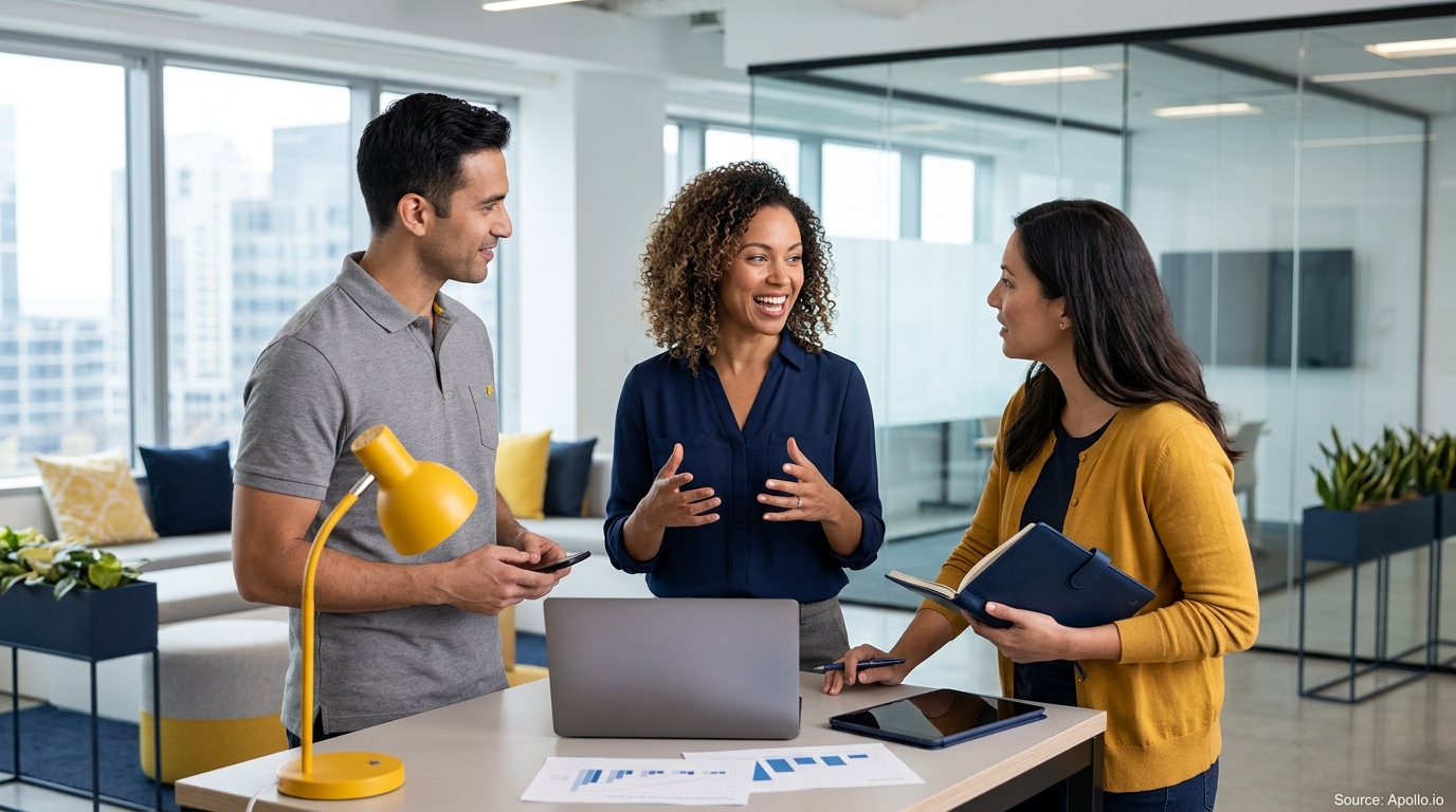 Three professionals collaborate and discuss projects around a desk in a bright, modern office setting.