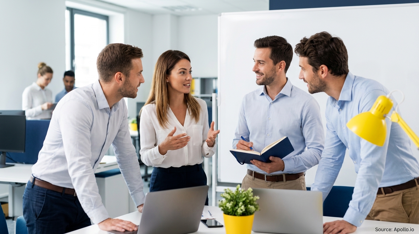 Four professionals collaborate and discuss ideas around a desk in a modern, bright office space.