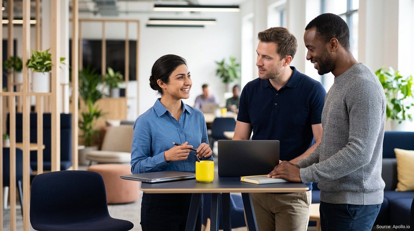Three diverse professionals collaborate around a laptop at a high table in a bright, modern office space.