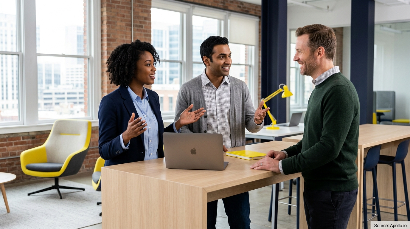 Three professionals collaborate and talk while standing around a laptop at a high table in a modern office.