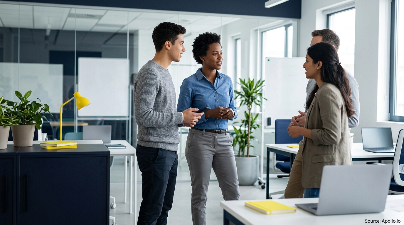 Four professionals stand and engage in a collaborative discussion in a bright, modern open-plan office.