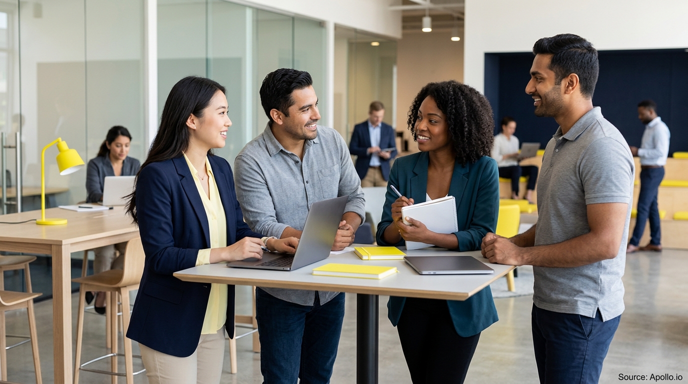 Four diverse professionals collaborate at a high-top table with laptops in a bright, modern open office space.