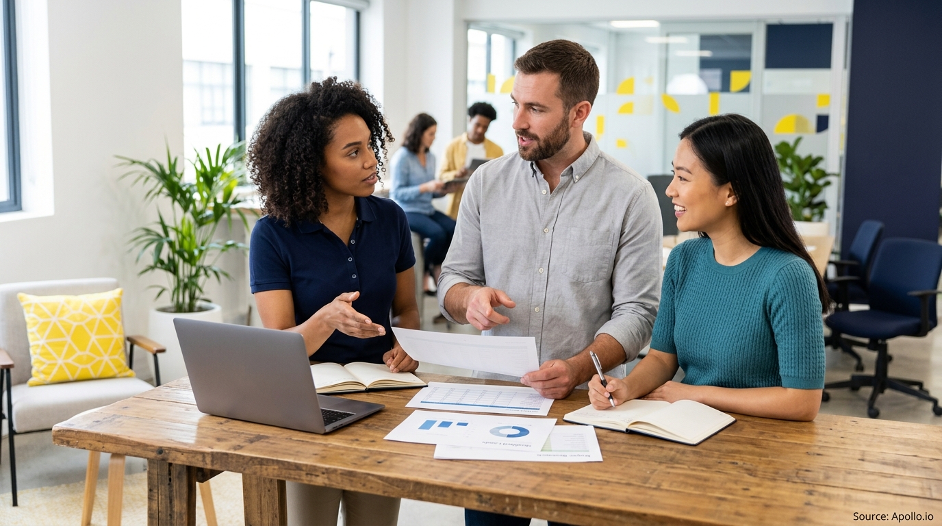 Three professionals review documents and a laptop while collaborating at a wooden table in a bright, modern office.