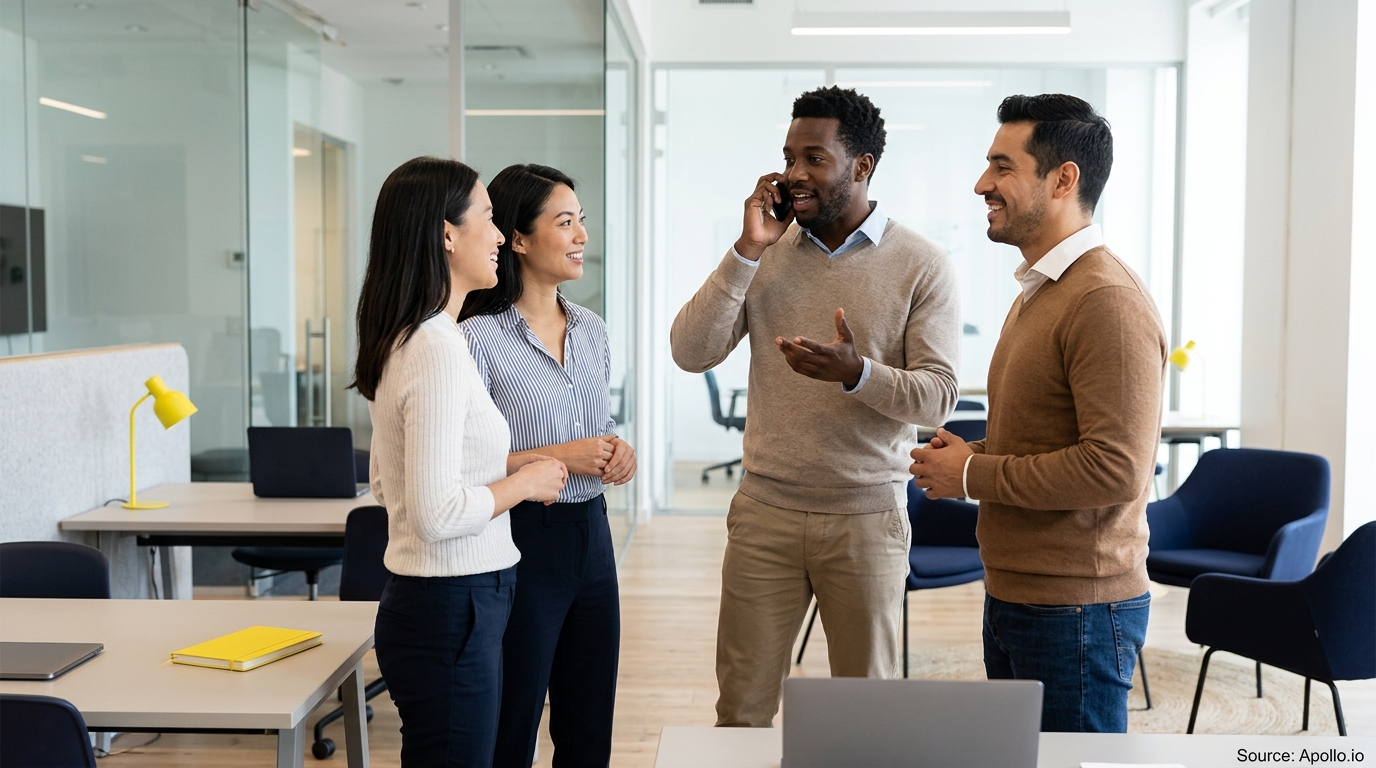 Four professionals talk in a bright, modern office while one man speaks on a mobile phone.