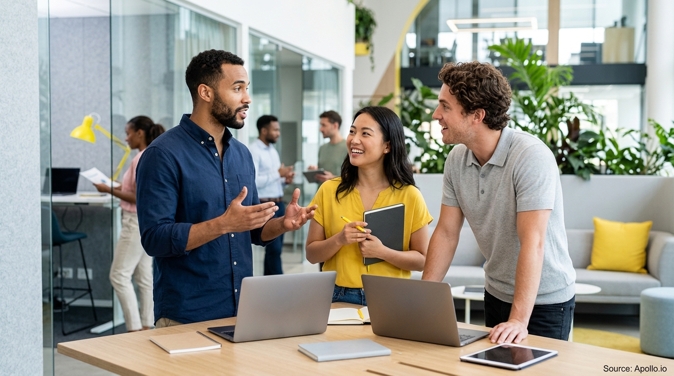 Three diverse colleagues talk and collaborate around laptops at a table in a bright, modern office.