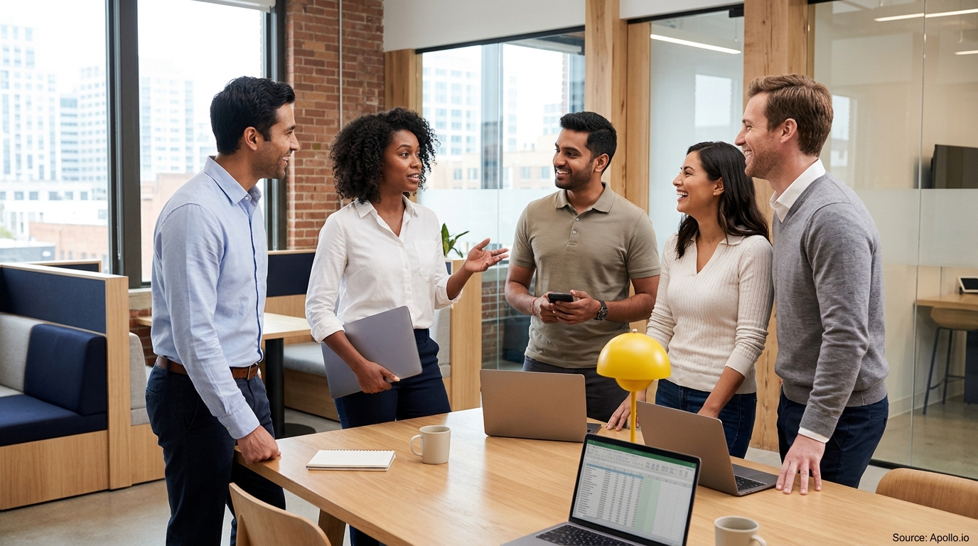 Five diverse professionals collaborate and converse around a wooden table in a bright, modern office space.