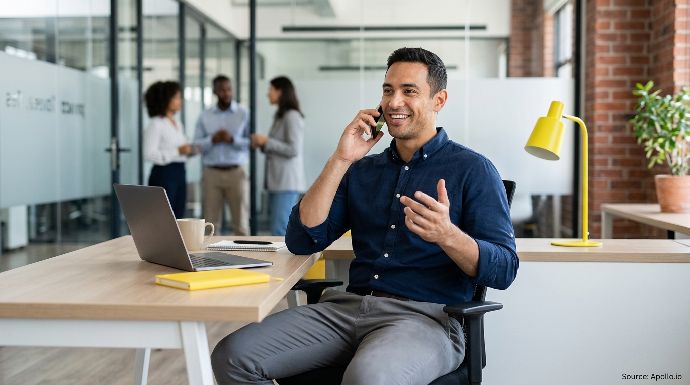 A man talks on a phone at a desk while three colleagues chat in a modern office.