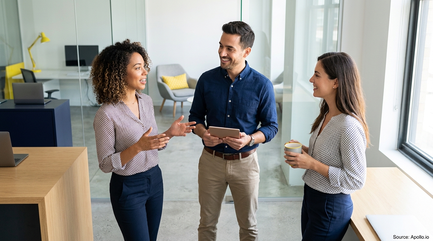 Three professionals converse in a bright, modern office, with one person holding a digital tablet.