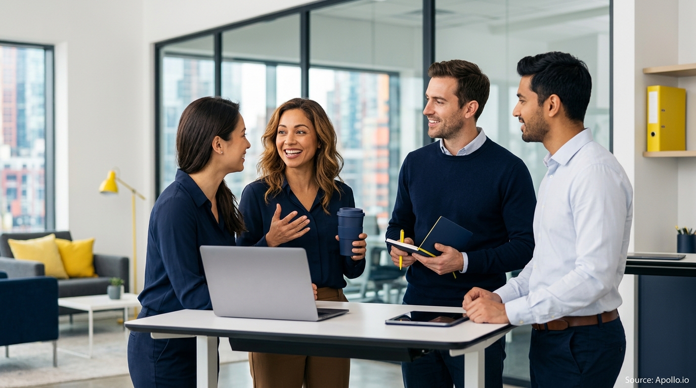 Four professionals smile and collaborate around a laptop at a high table in a bright, modern office.