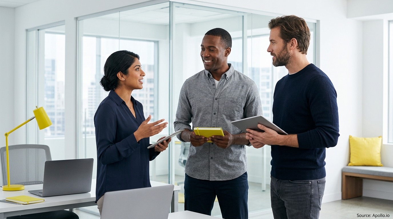 Three diverse professionals collaborate in a bright, modern office while holding a tablet and notebook.