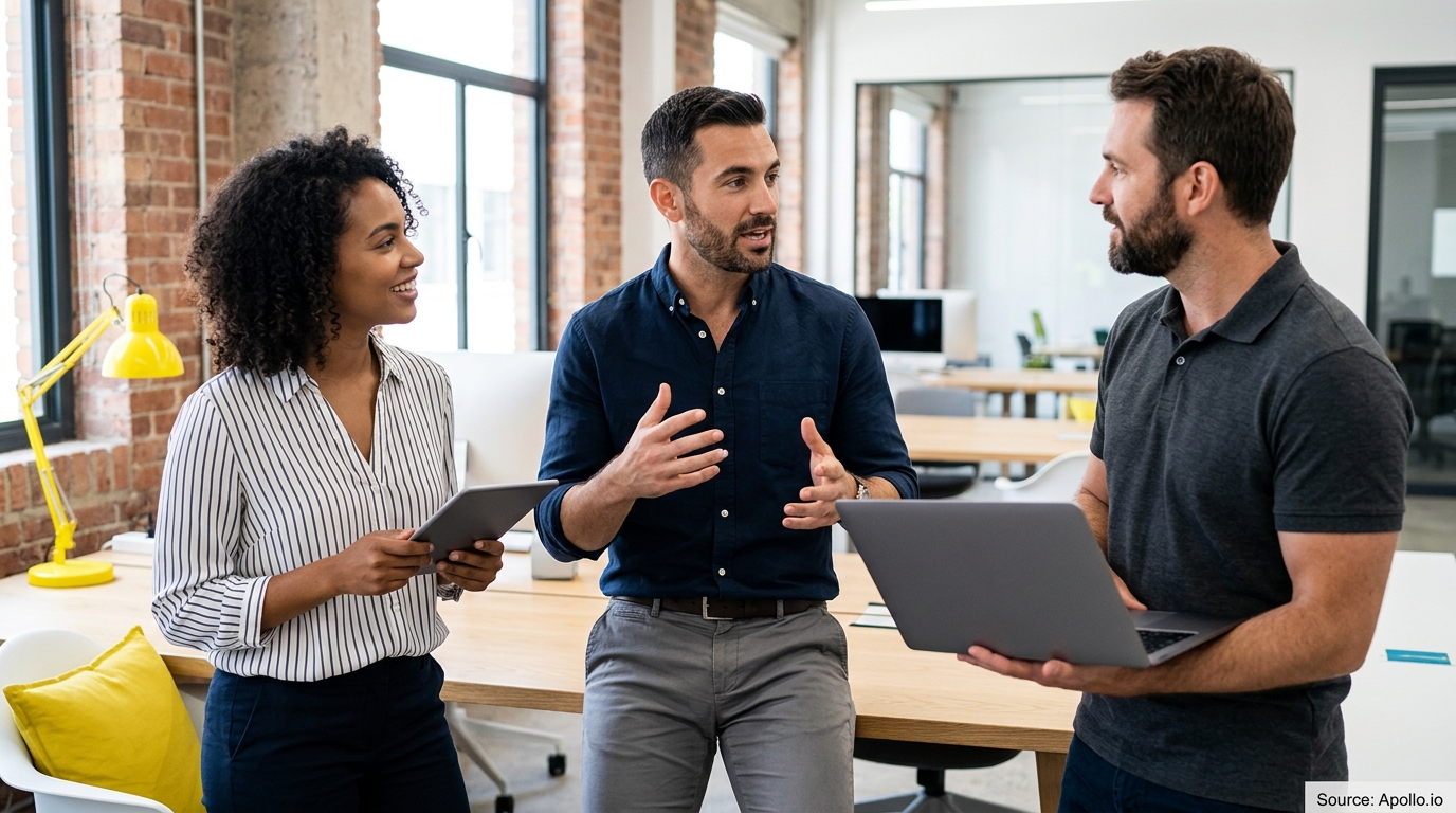 Three professionals collaborate in a modern office while discussing projects with a laptop and tablet.