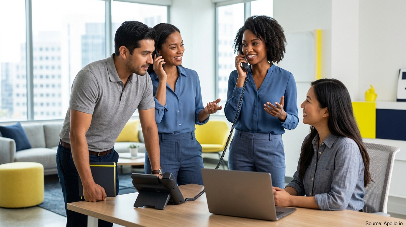Four diverse professionals collaborate in a modern office using desk phones and a laptop at a shared desk.