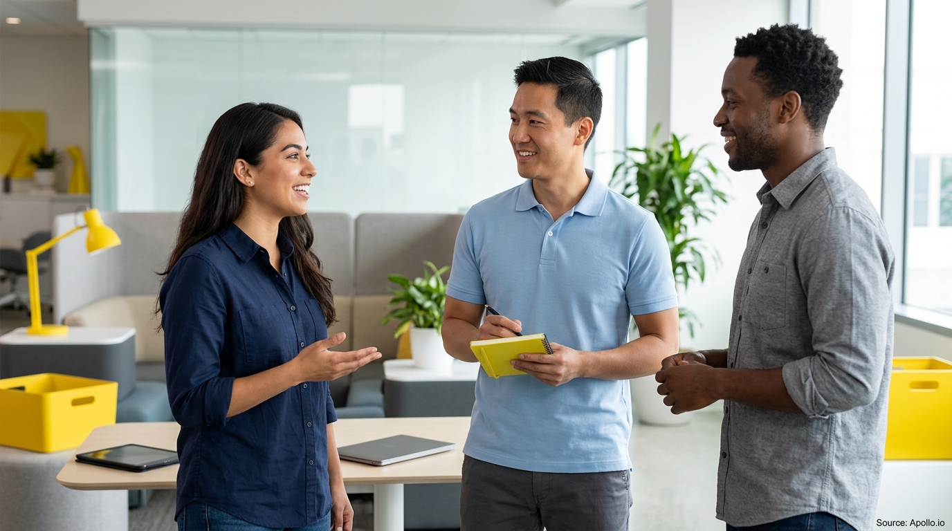 Three smiling professionals converse in a bright modern office while one takes notes on a yellow notepad.
