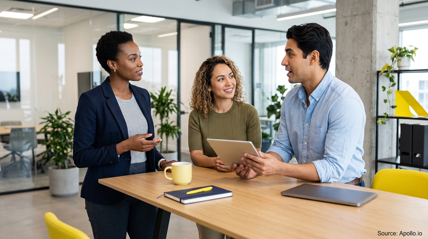 Three professionals collaborate and review a tablet while gathered around a table in a modern office.