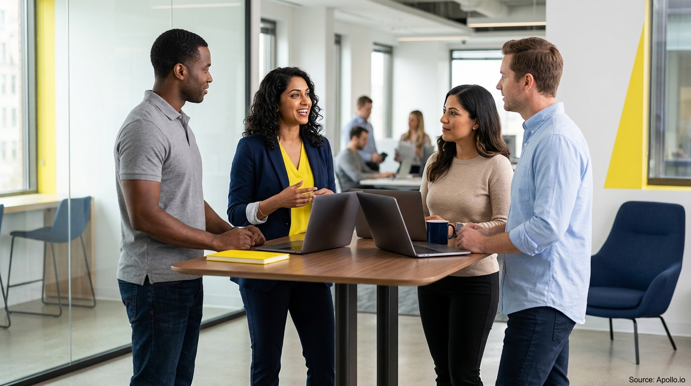 Four professionals collaborate around a high-top table with laptops in a bright, modern office setting.