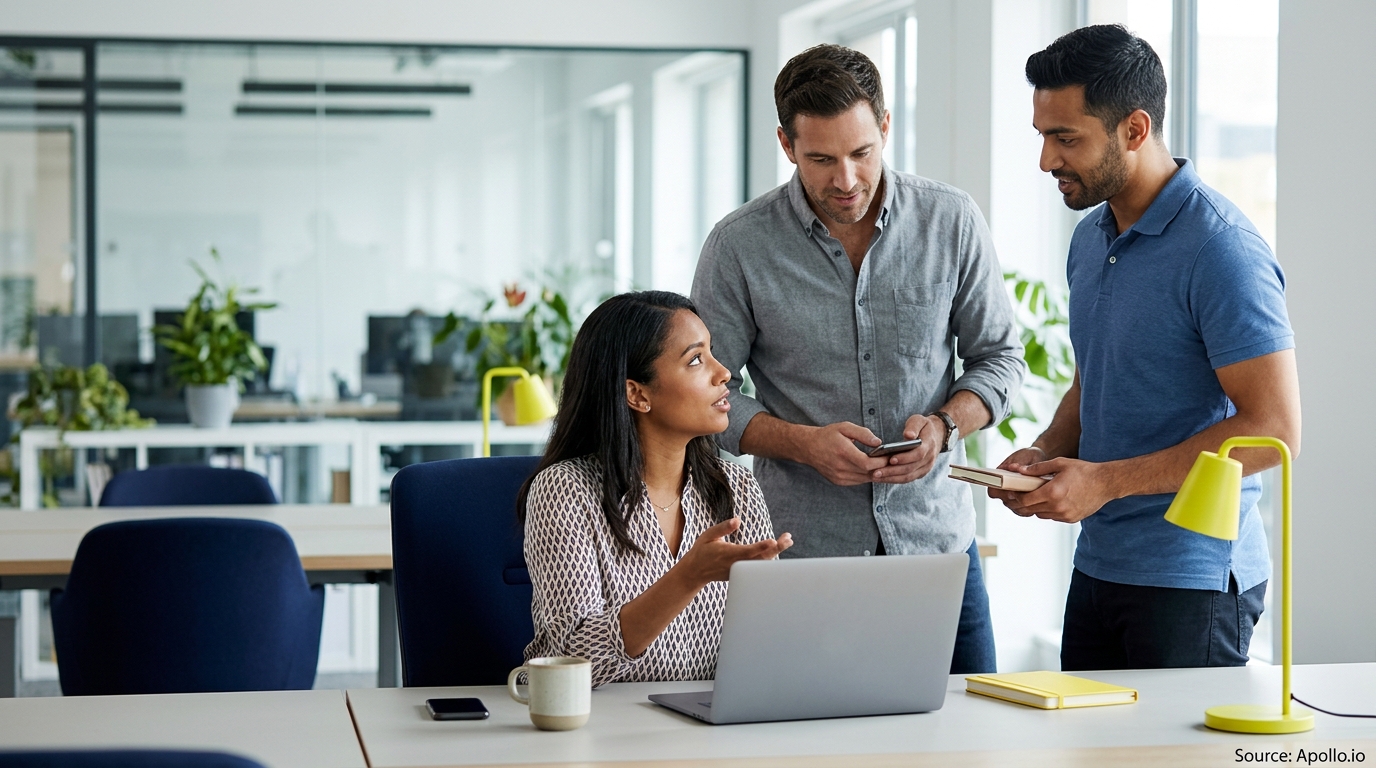 Three professionals collaborate around a laptop at a desk in a bright, modern office space.
