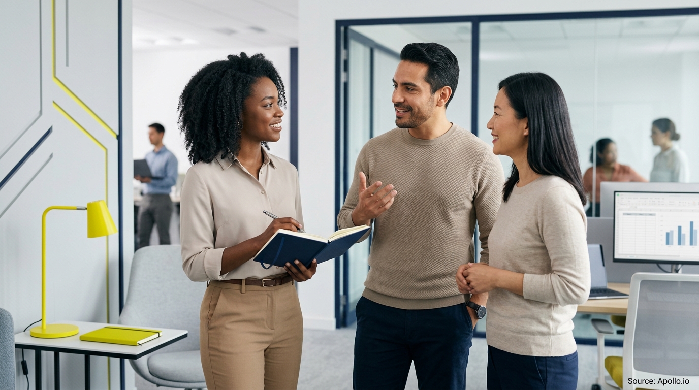 Three professionals collaborate in a bright, modern office while one woman takes notes during their discussion.