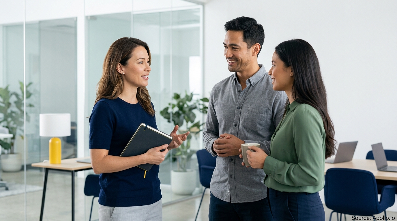 Three professionals talk in a modern office while holding a notebook and coffee mugs.