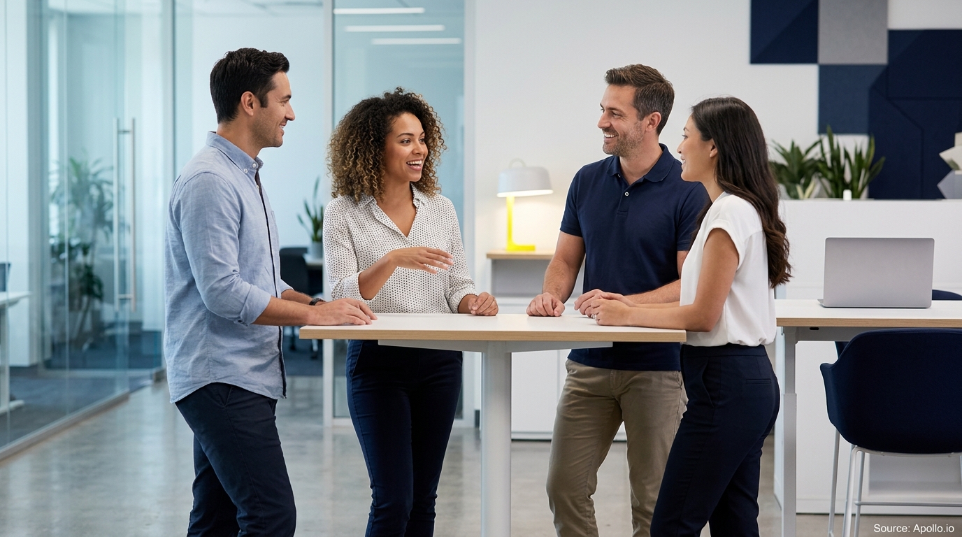 Four professionals collaborating and smiling around a high table in a bright, modern office workspace.