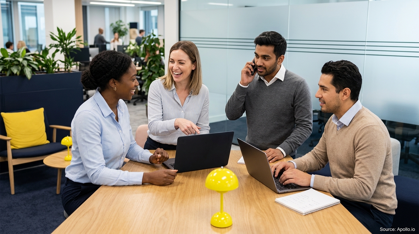 Four professionals collaborate using laptops and a phone at a wooden table in a modern, open-plan office.