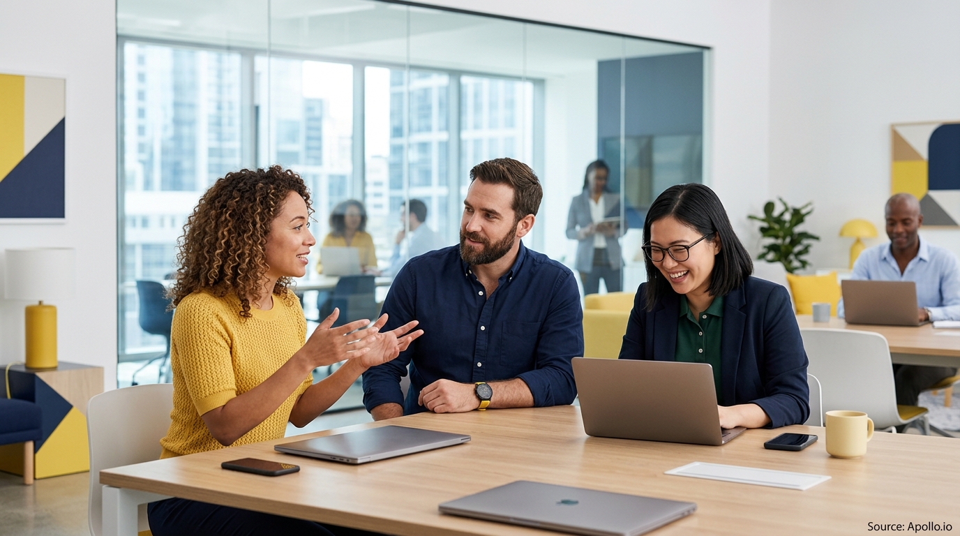 Three diverse professionals collaborate and laugh at a table in a bright, modern office setting.