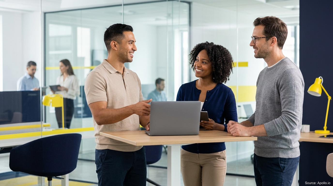 Three colleagues smile and talk around a laptop at a standing table in a bright, modern office.