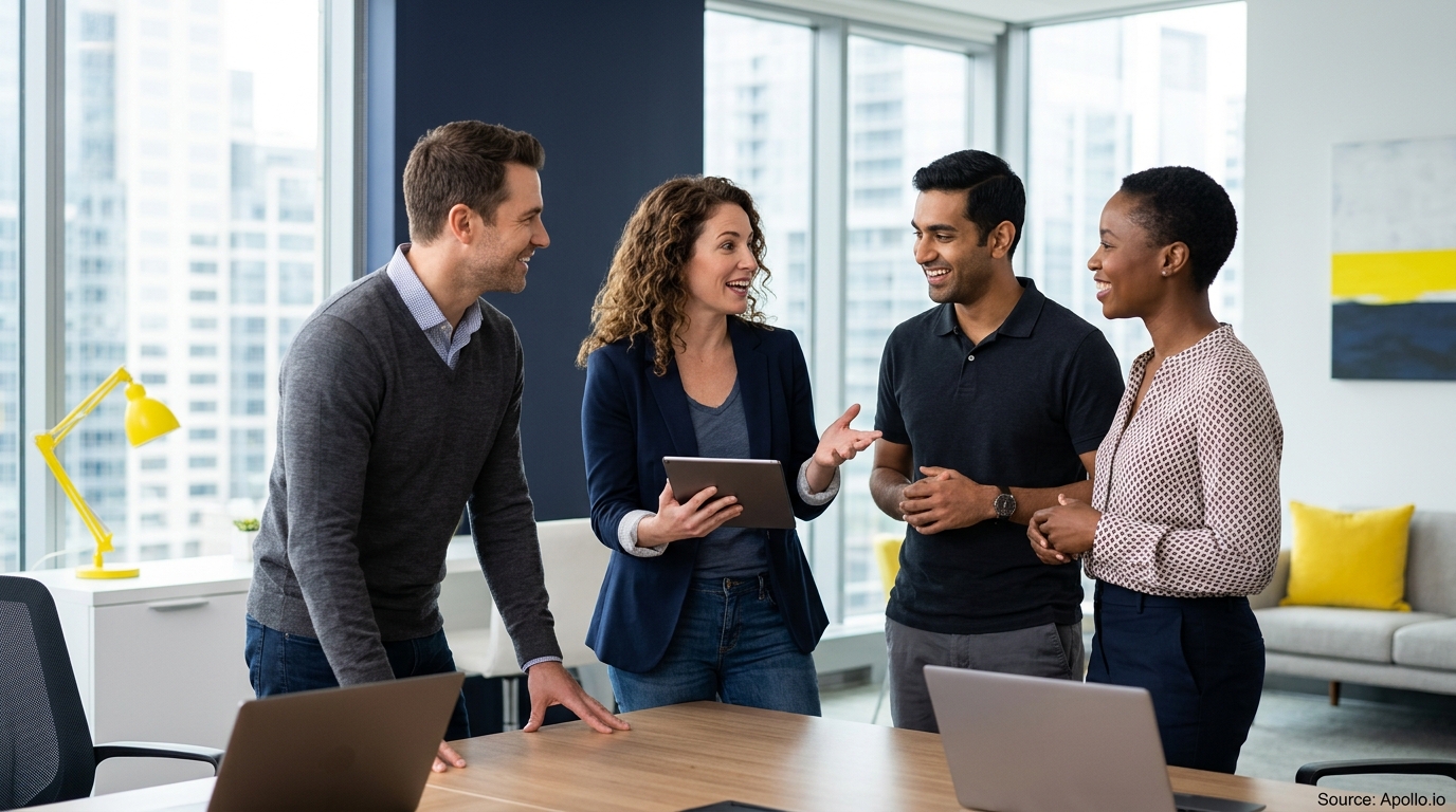 Four colleagues stand in a modern office, smiling and discussing information on a digital tablet.