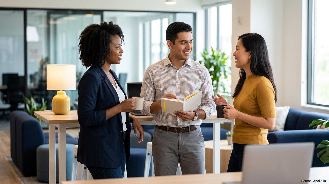 Three professionals smiling and discussing notes around a high table in a bright, modern office.