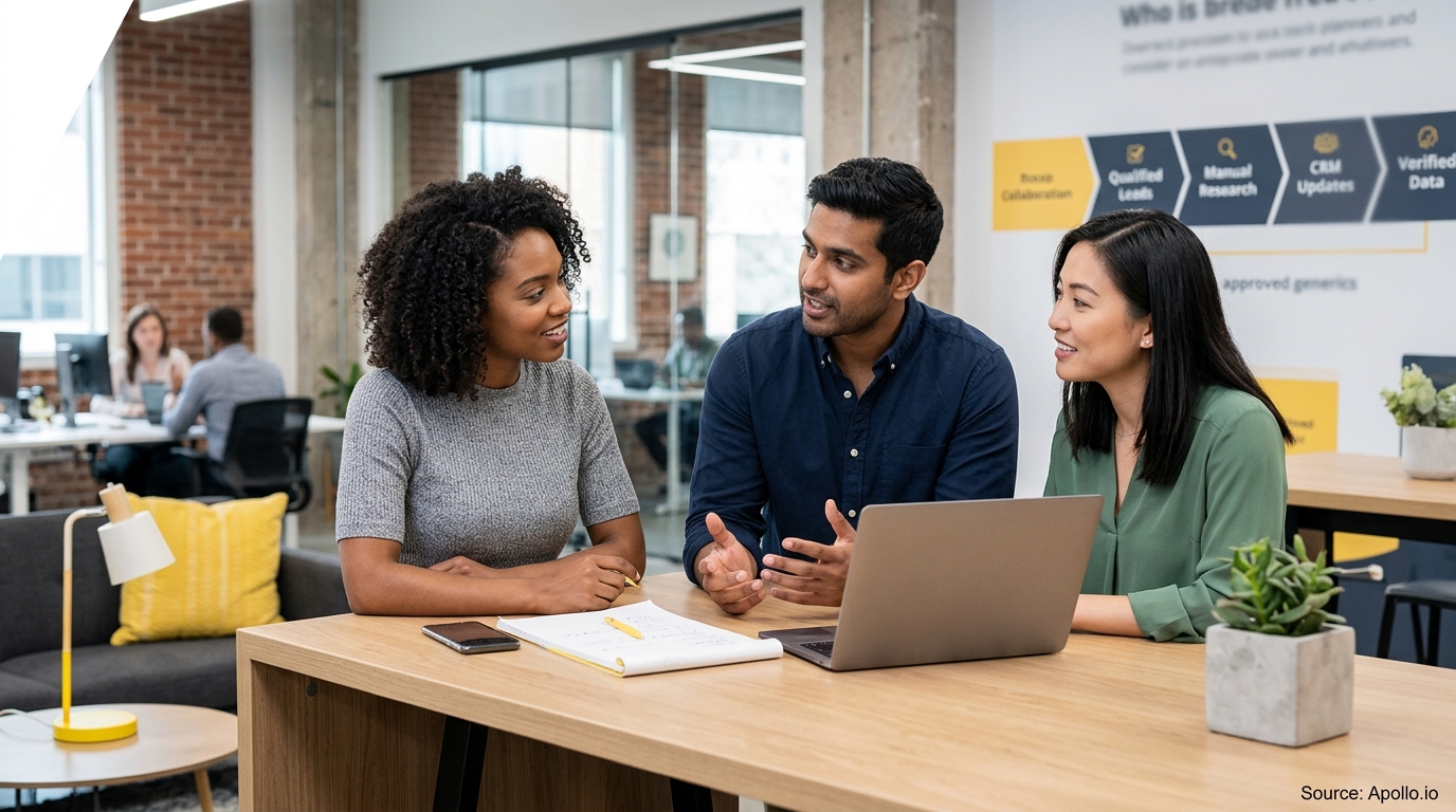 Three diverse professionals collaborate around a laptop at a wooden table in a modern, open-plan office.