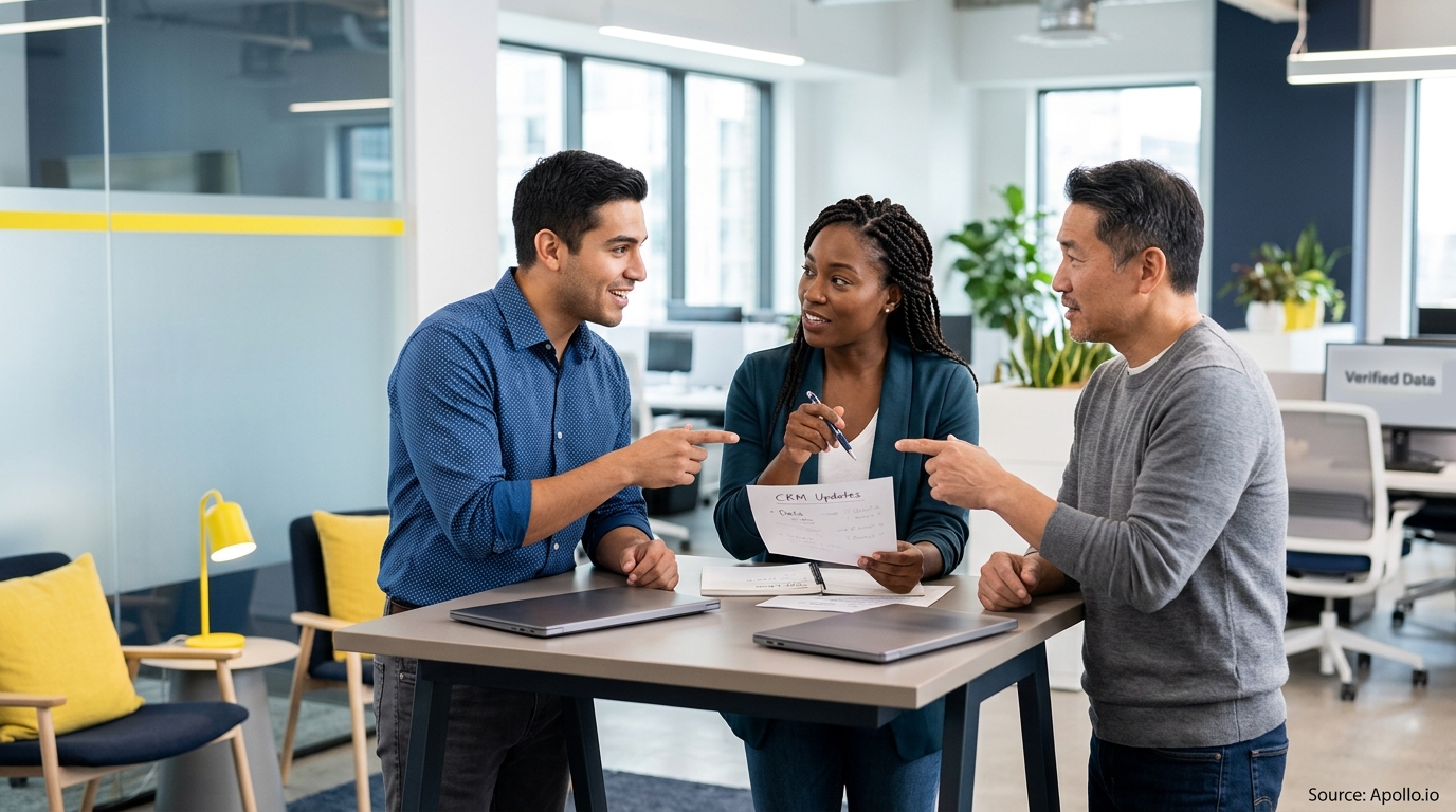 Three professionals collaborate over a document at a high table in a bright, modern office setting.