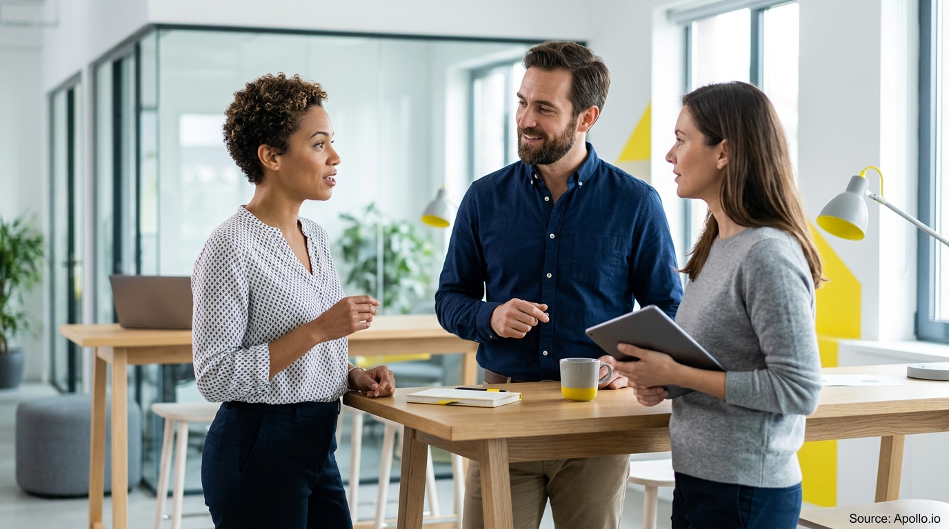 Three professionals collaborate around a high wooden table in a bright, modern office space.