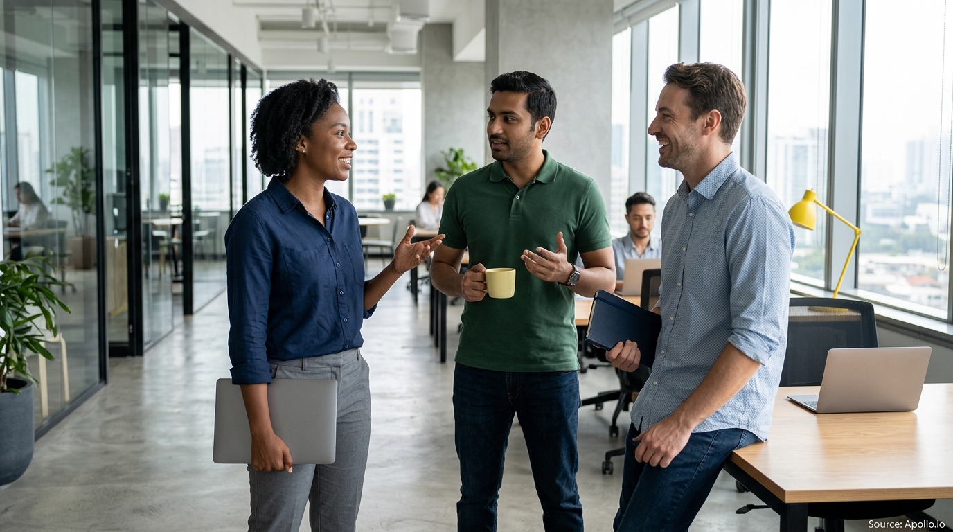 Three professionals talk in a bright, contemporary office space with floor-to-ceiling windows.