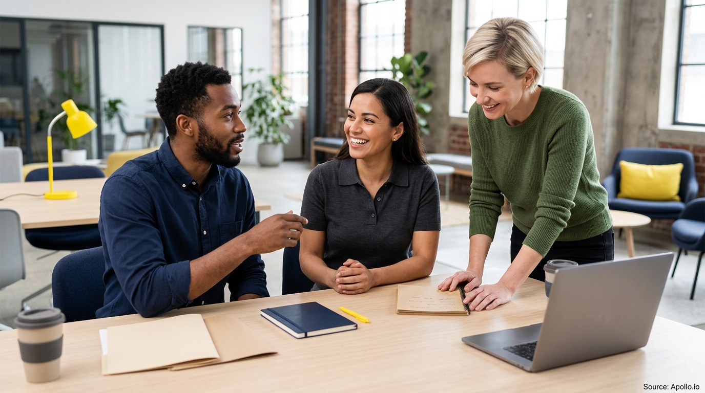 Three diverse professionals collaborate around a table with a laptop and notebooks in a bright, modern office.