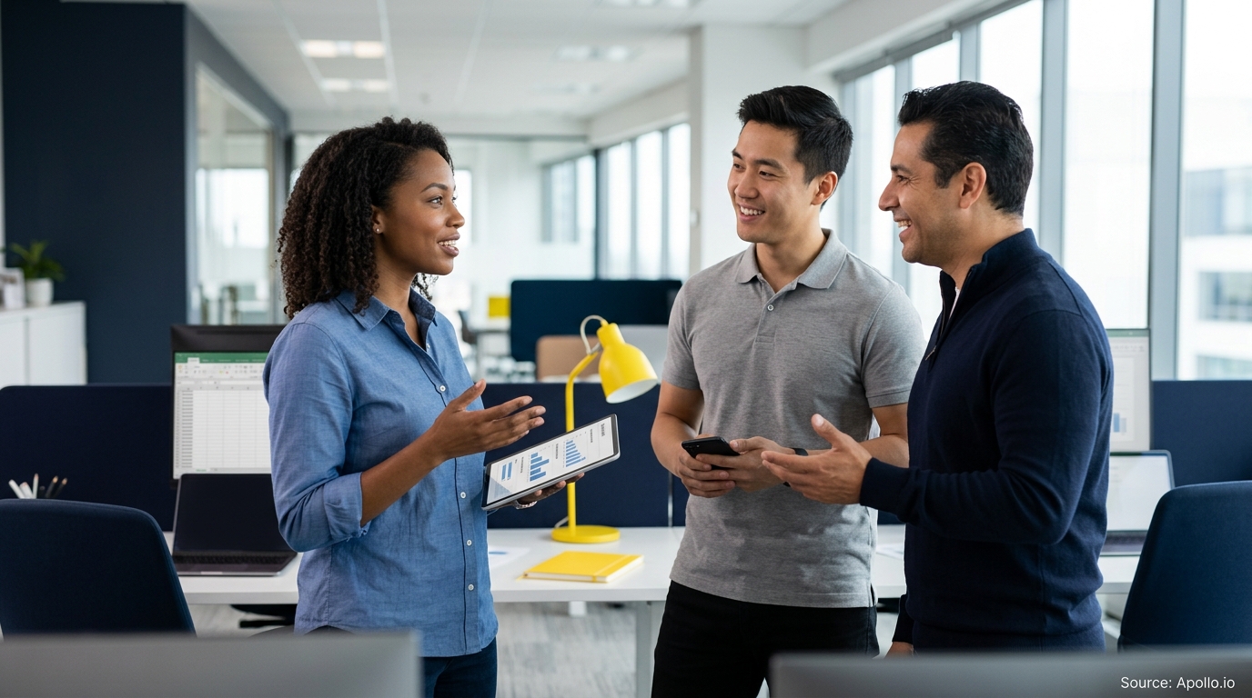 Three diverse professionals discuss data charts on a tablet in a bright, modern office.
