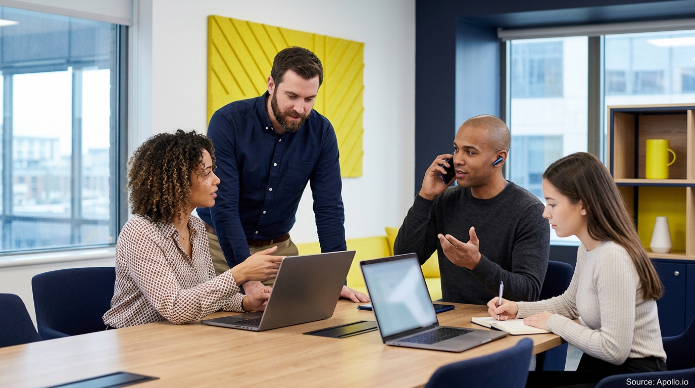 Four professionals work together in a modern office using laptops and taking notes at a shared table.