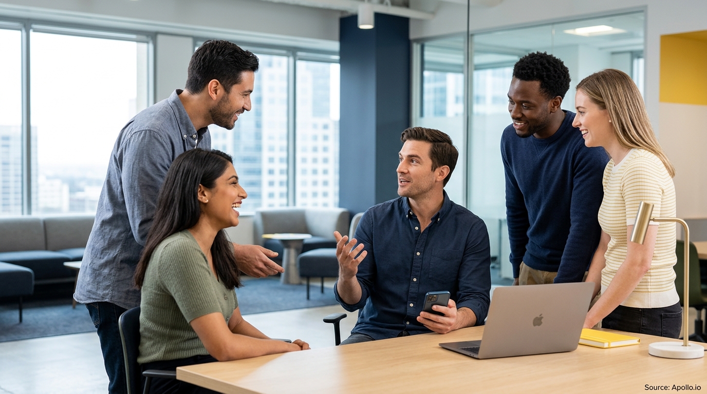 Five colleagues talking and collaborating around a laptop in a bright, modern office space.