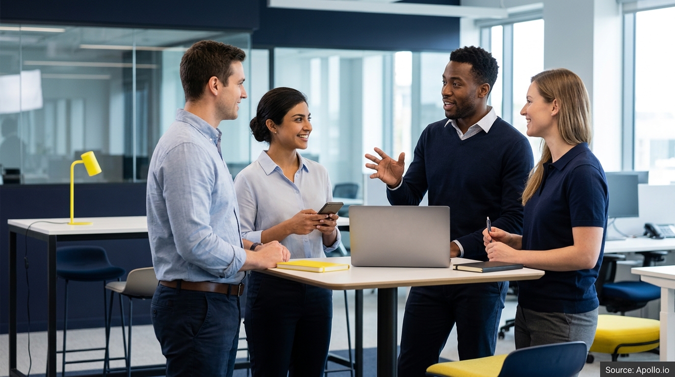 Four professionals talk and smile around a high table with a laptop in a modern office.