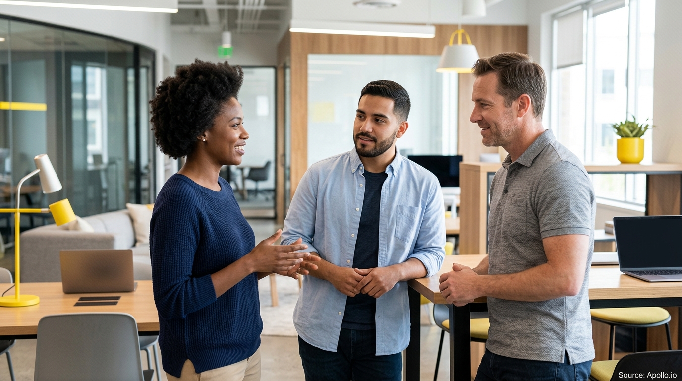Three professional colleagues stand and discuss work in a bright, modern open-concept office setting.