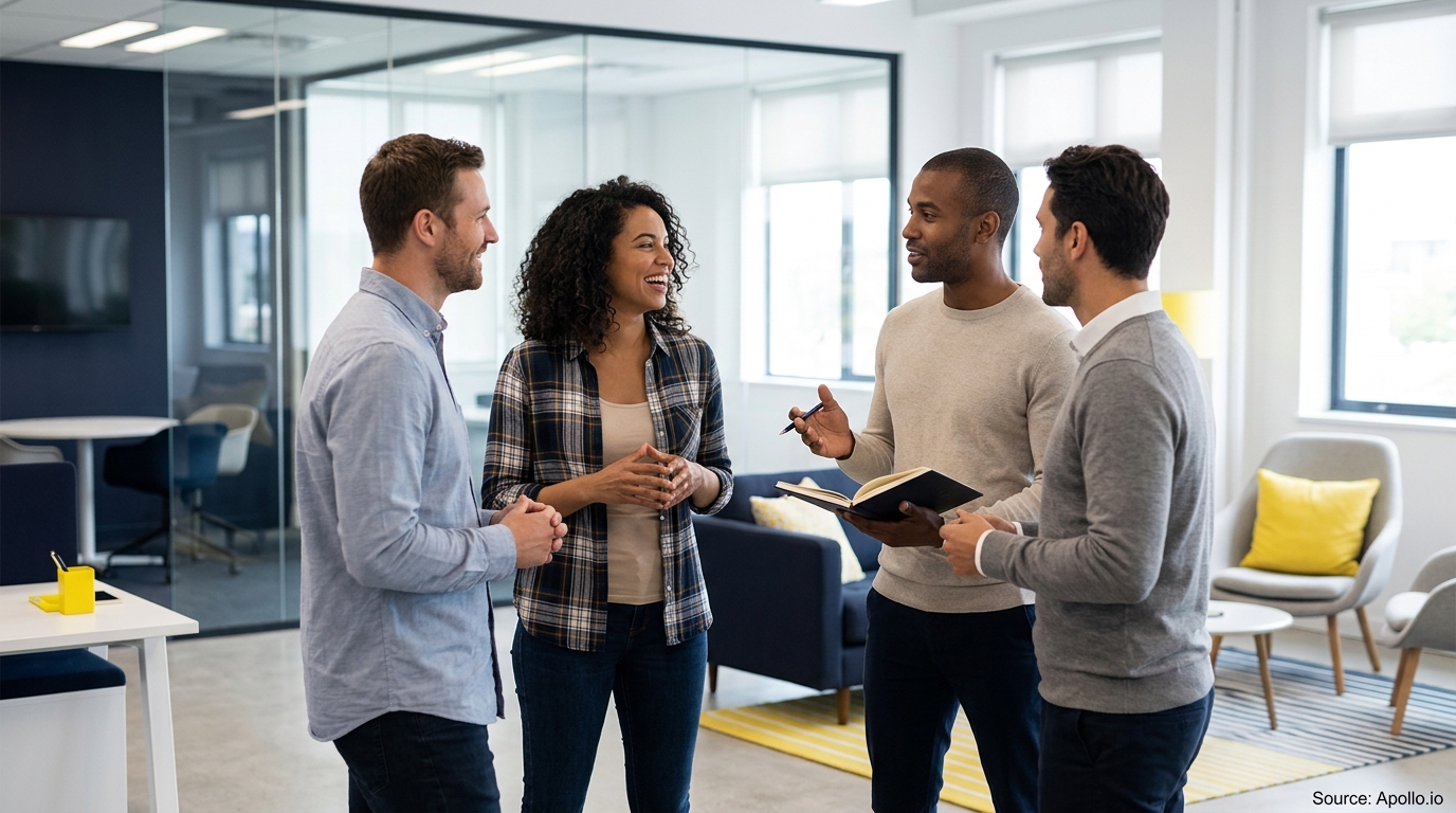 Four diverse professionals stand and chat together in a bright, modern office lounge.