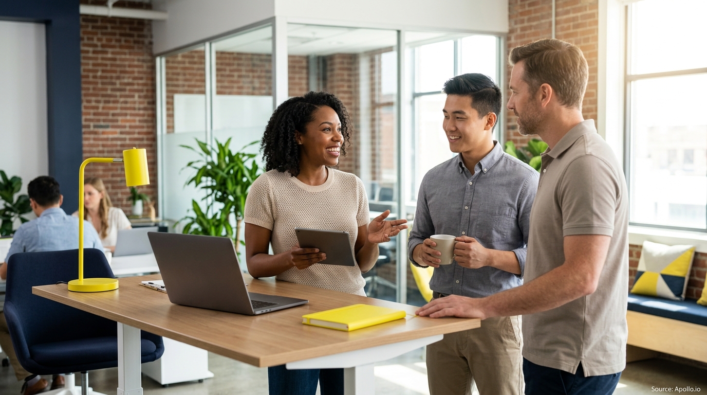 Three colleagues collaborate around a standing desk in a bright, modern office setting.