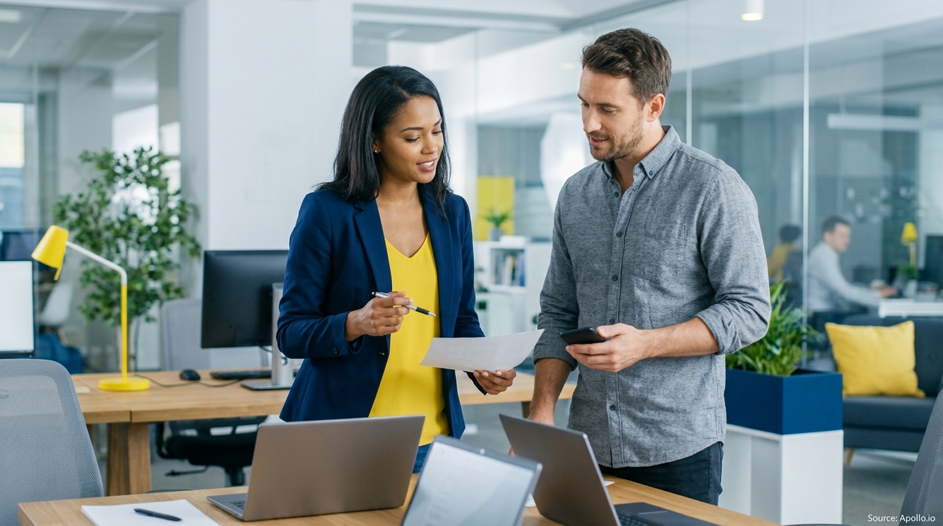 Two professionals review a document together in a bright, modern open-plan office.