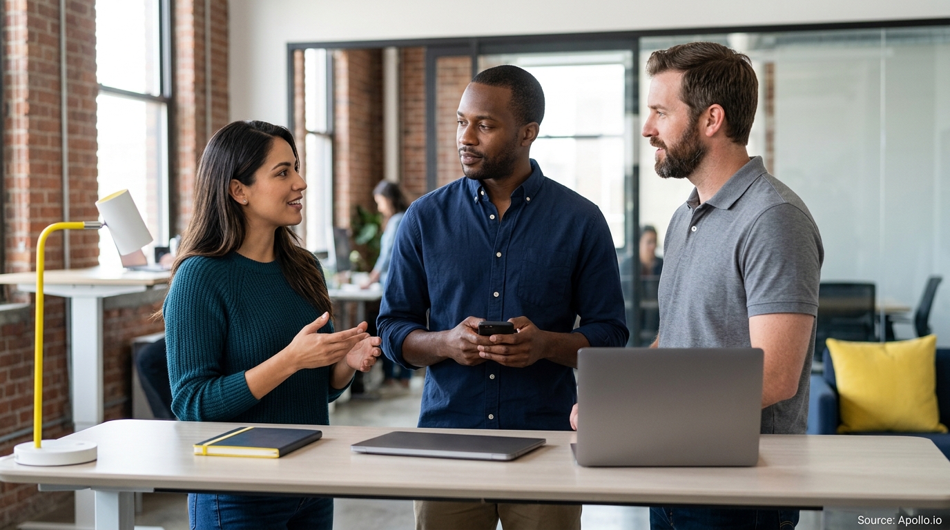 Three professionals discuss work around a high table in a bright, modern office setting.