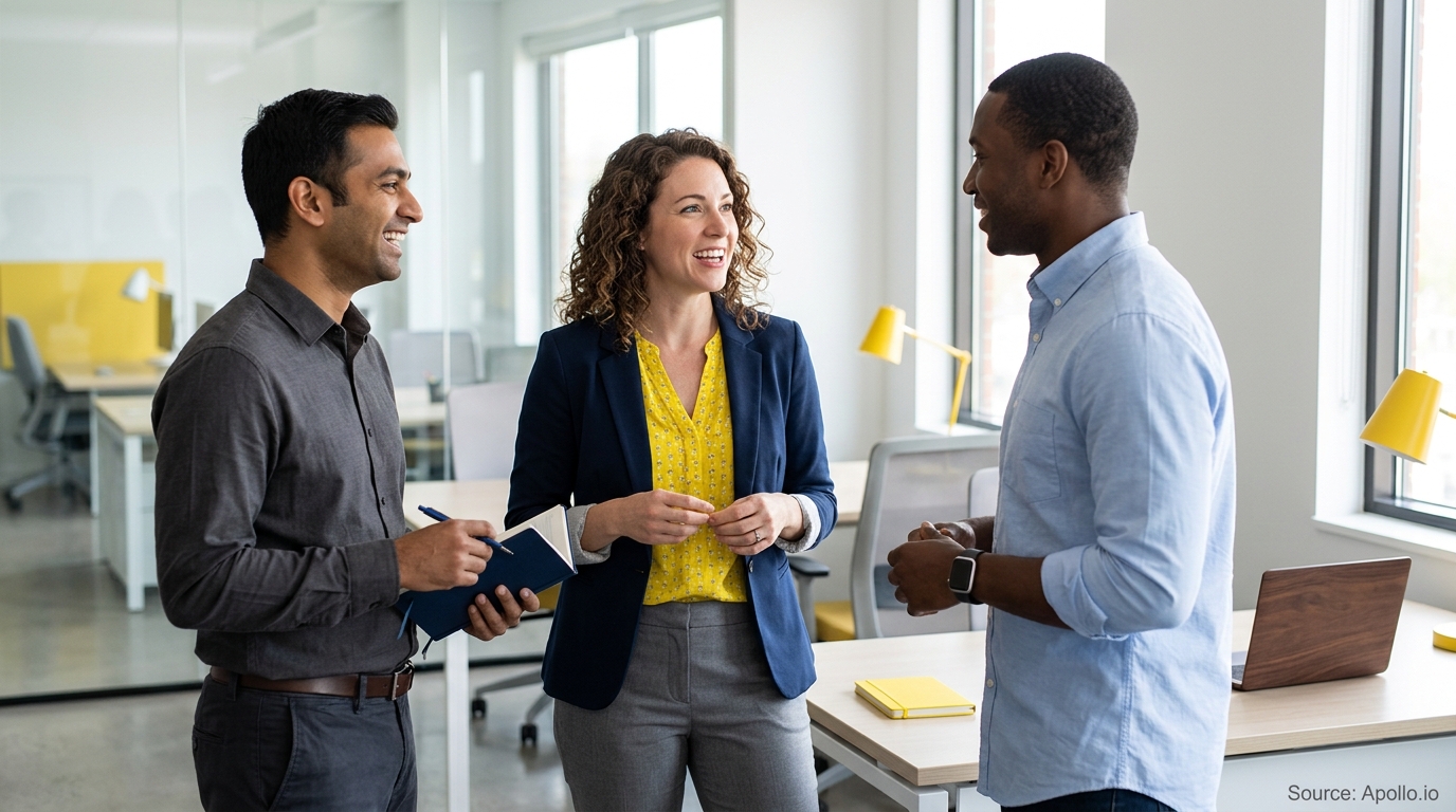 Three professionals smile and talk in a bright, modern office while one man holds a notebook and pen.