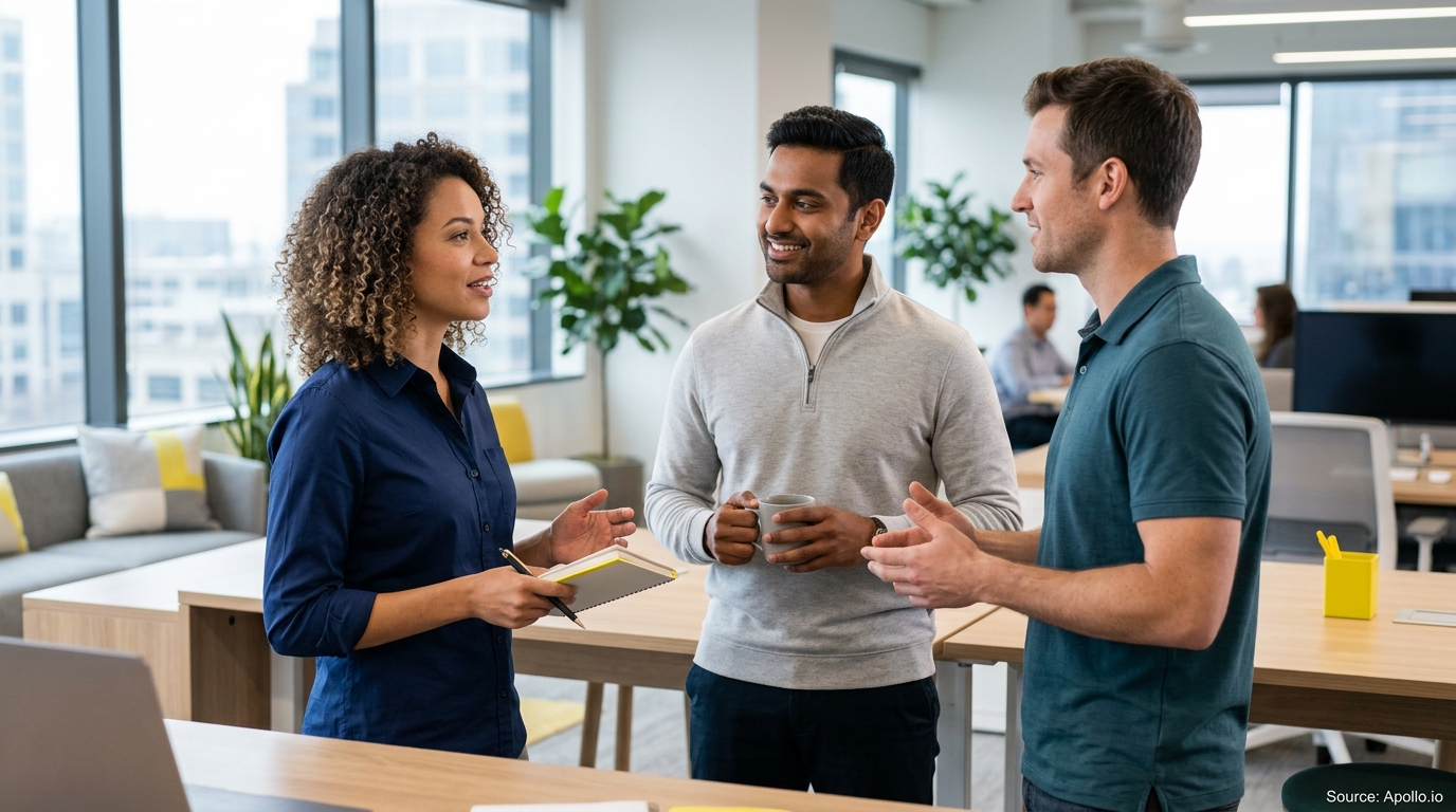 Three professionals talk and collaborate in a bright, modern office environment.