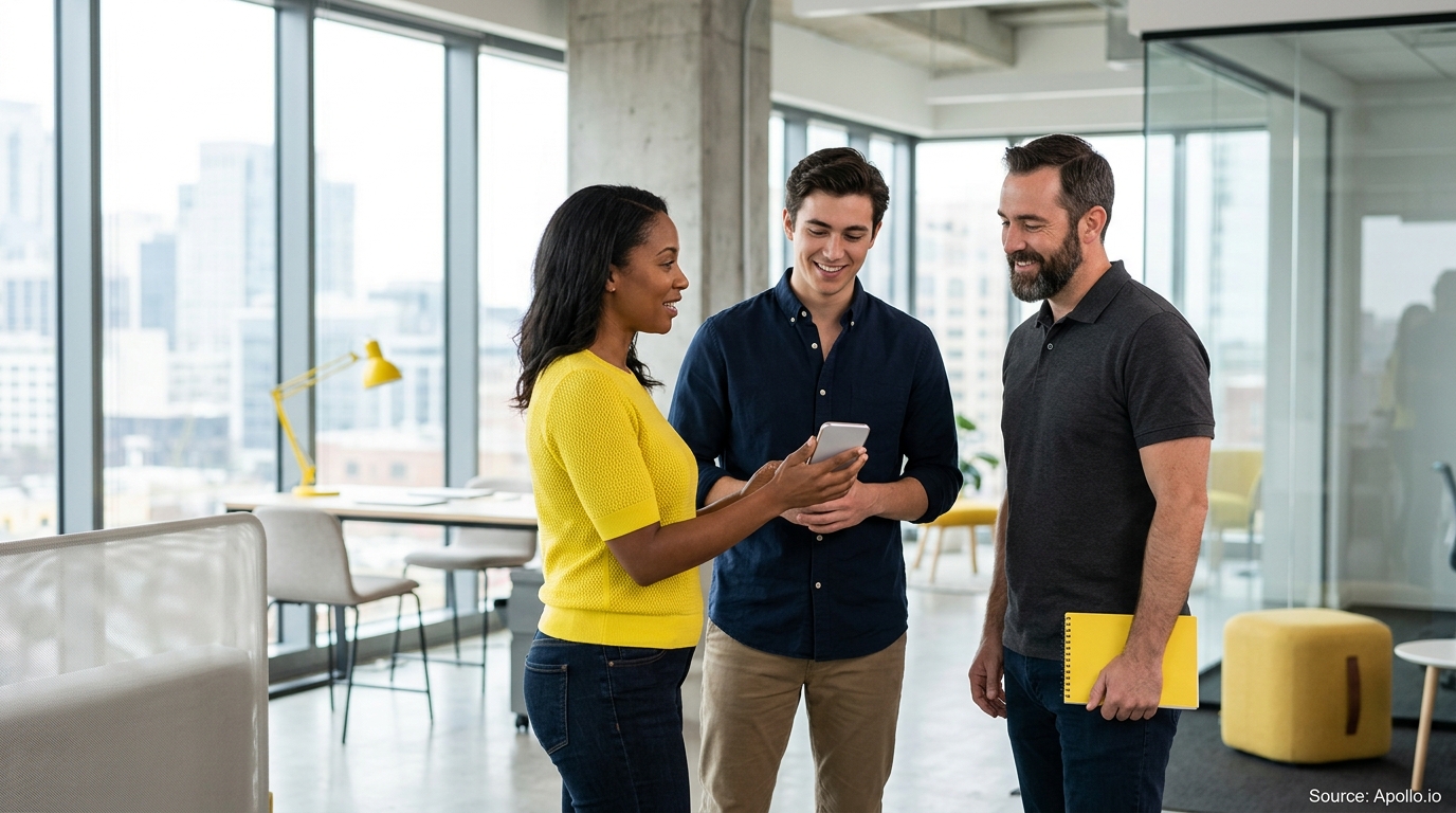 Three diverse colleagues look at a smartphone in a bright, modern office with large windows.