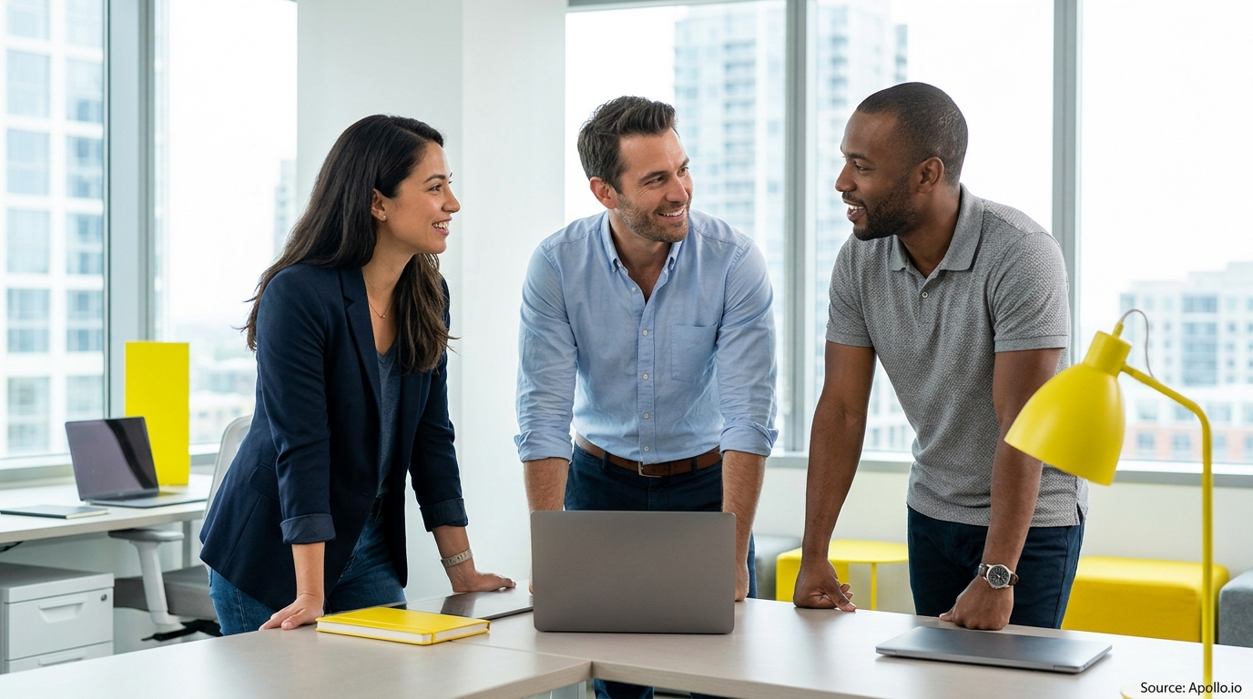 Three professionals smile and collaborate around a desk in a modern office with large windows.