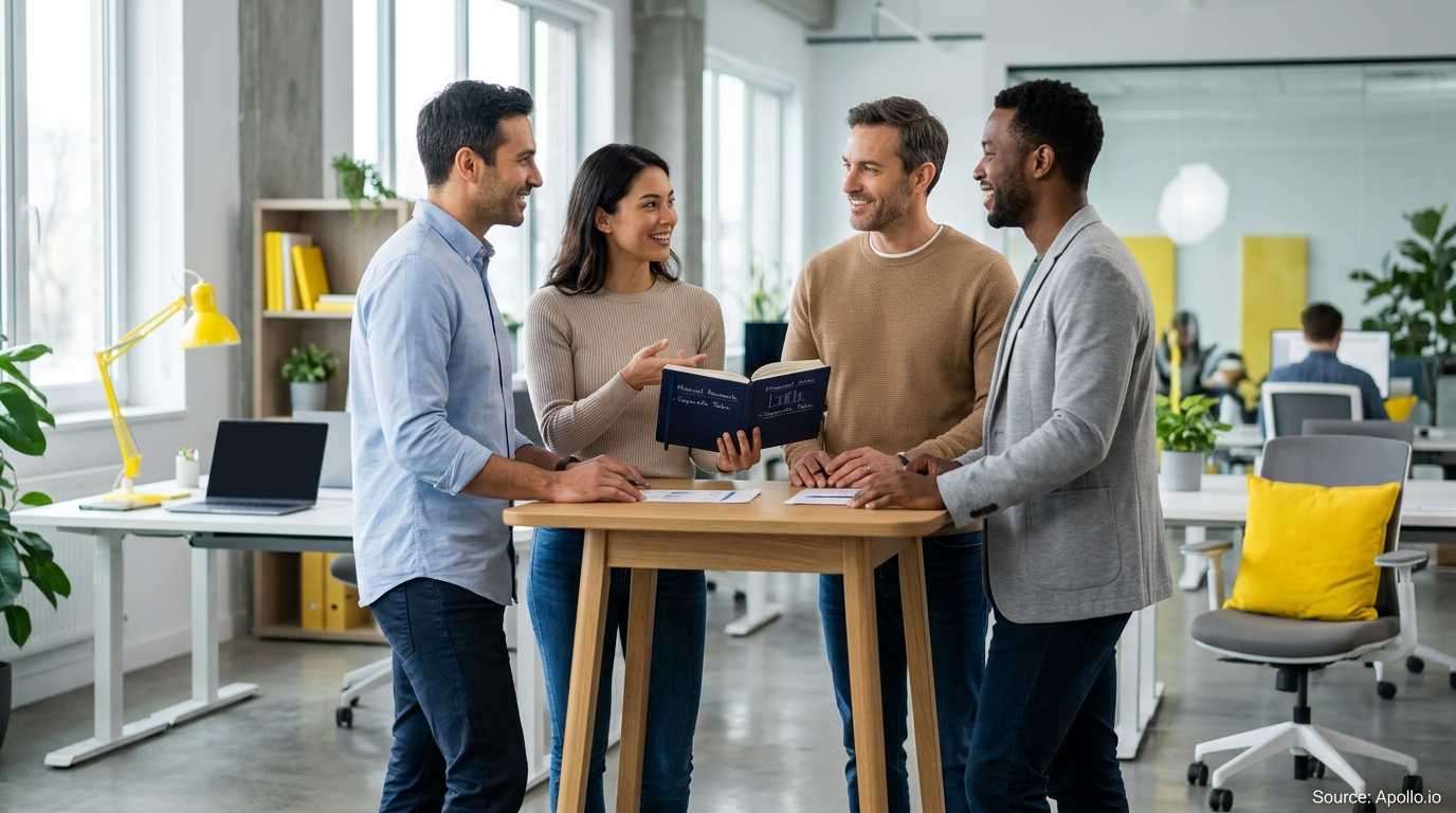 Four professionals stand around a high table in a modern office, discussing notes in an open book together.