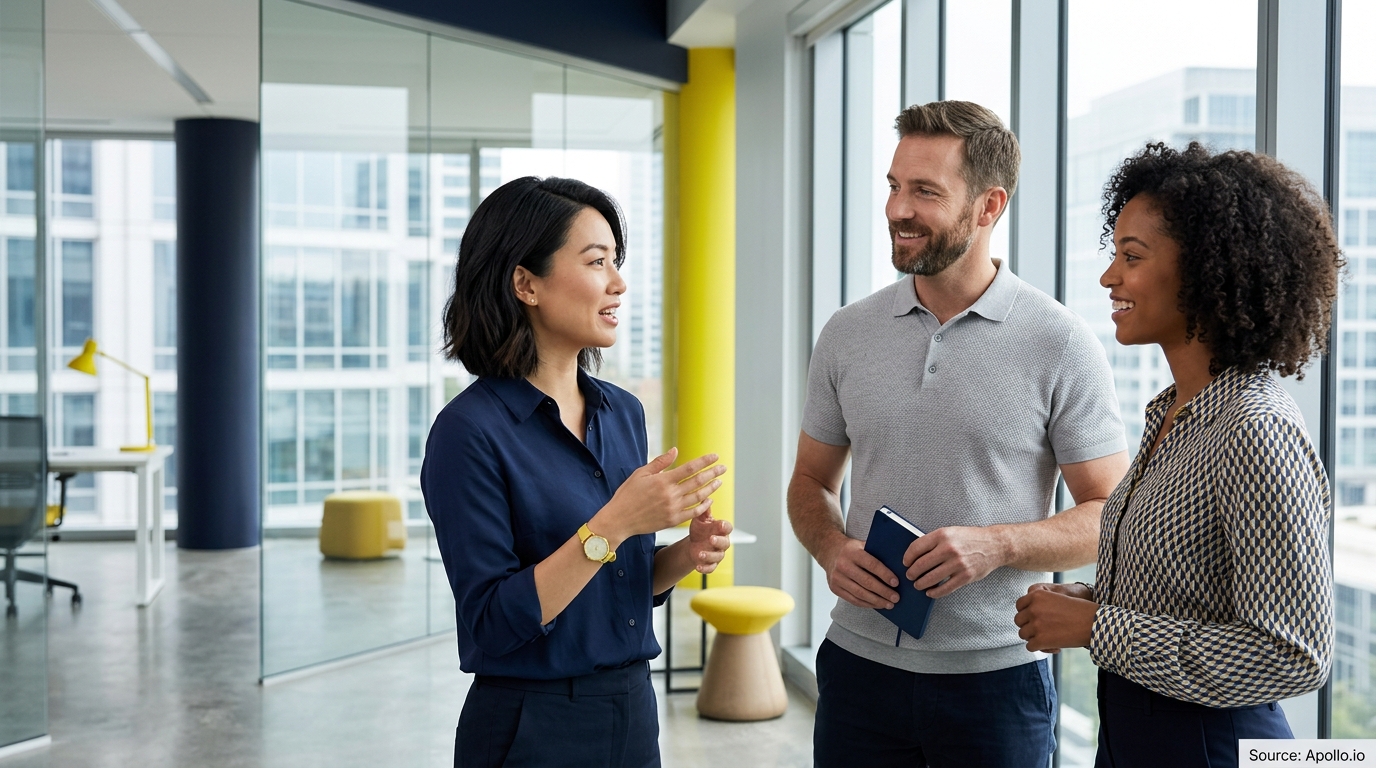 Three professionals stand and talk in a bright, modern office with glass walls and large windows.
