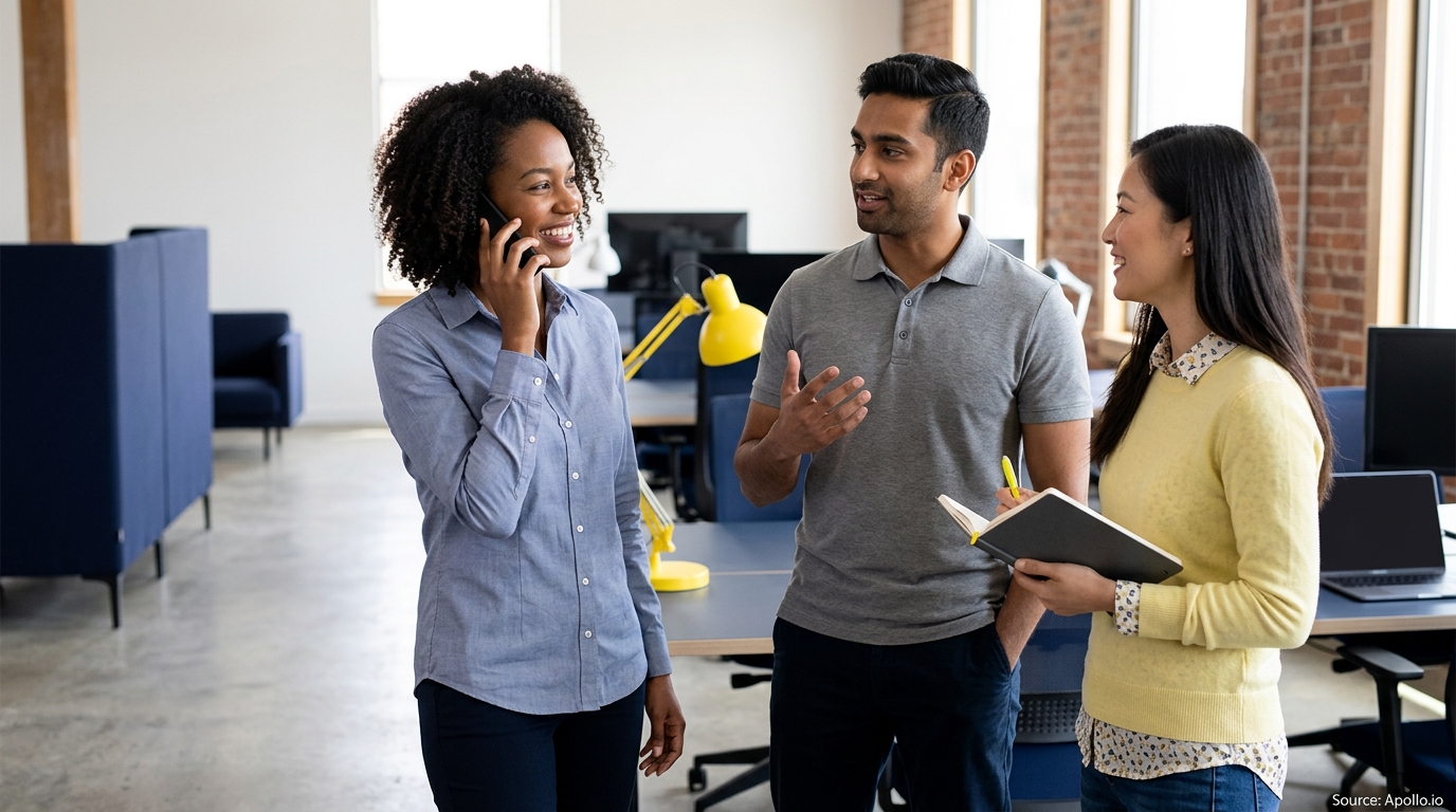 Three diverse professionals collaborate in a modern office, one speaking on a phone and another holding a notebook.