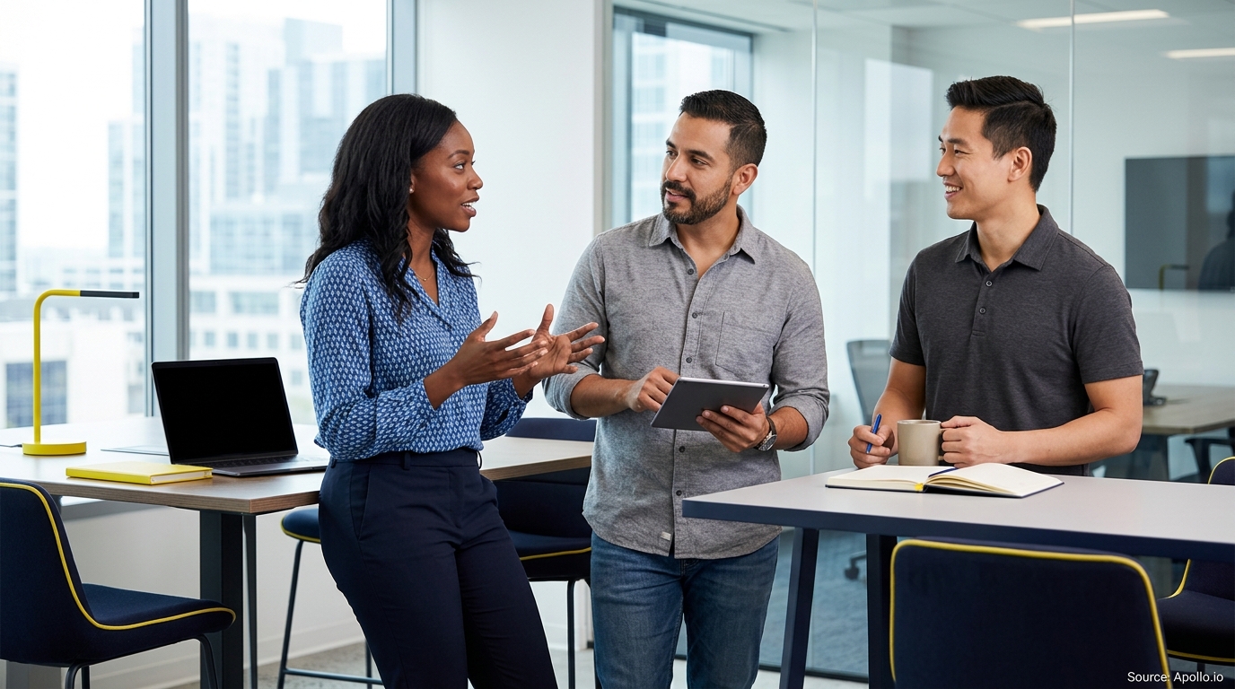 Three professionals collaborate in a modern office, discussing work while using a tablet and notebook.